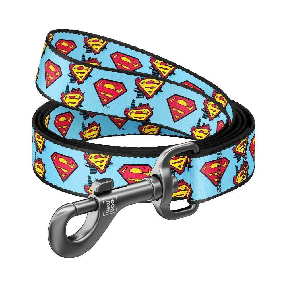 WauDog Λουρί/Οδηγός Σκύλου Ιμάντας Superman Μεσαίο Γαλάζιο 20χιλ - 122εκ
